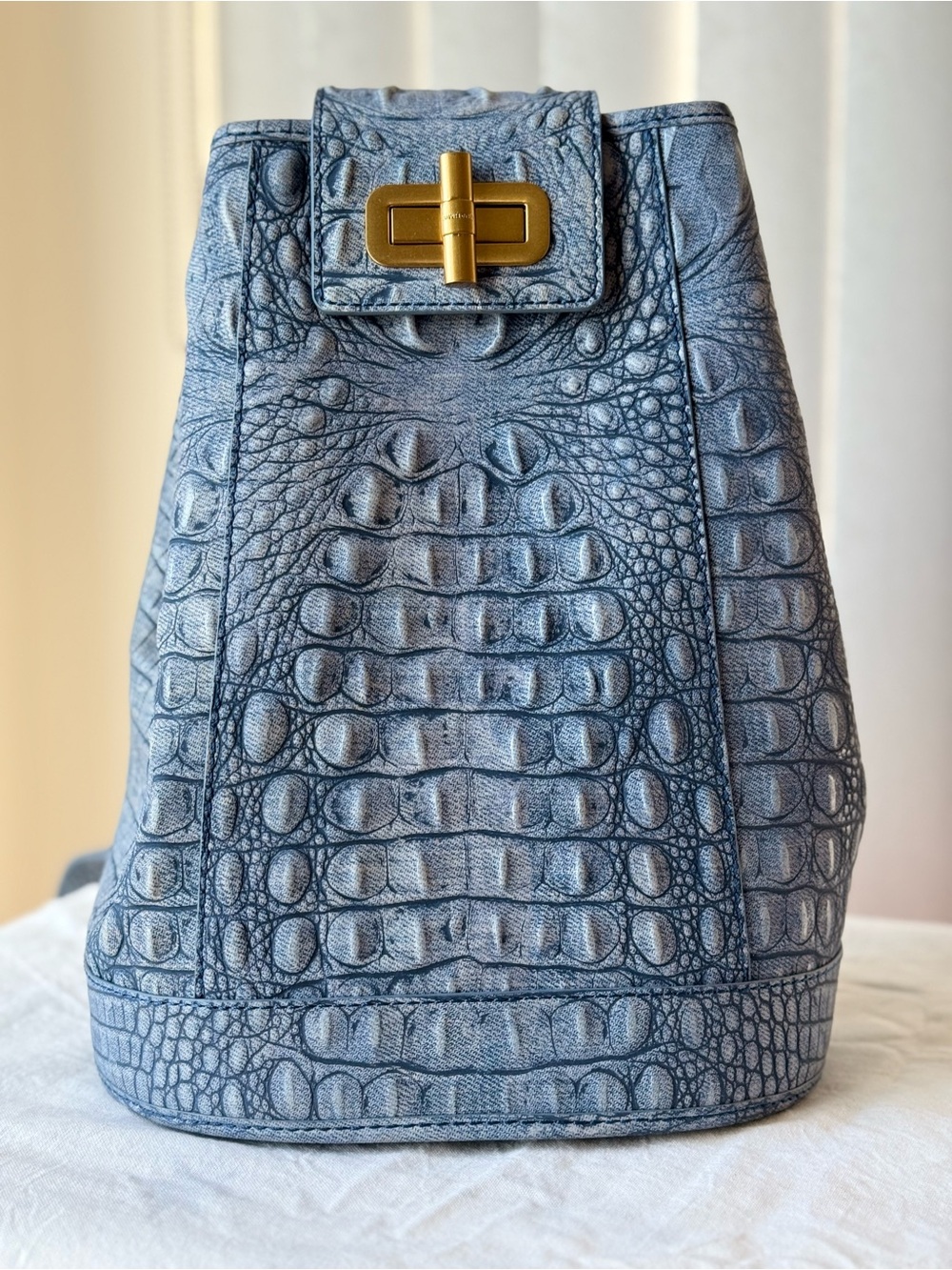 Brahmin Blue Croc-Embossed Leather Shoulder Bag with Gold Hardware